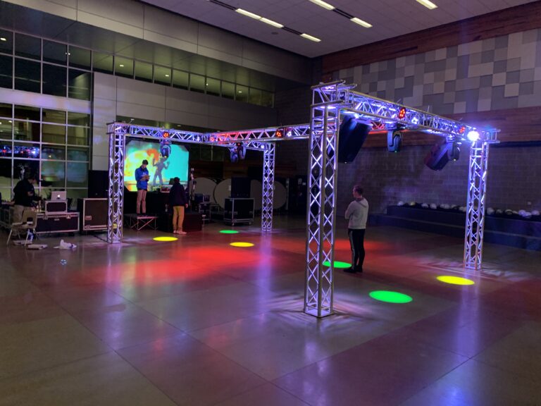 Professional DJ lighting and sound setup for events by A & B Productions.