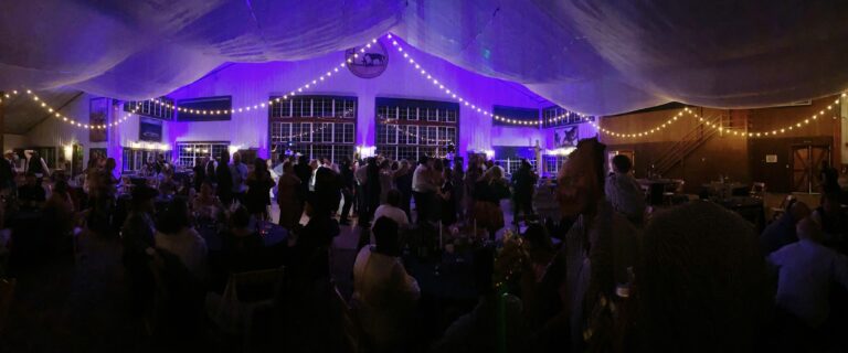 Event lighting setup with vibrant purple and warm yellow string lights at A & B Productions.